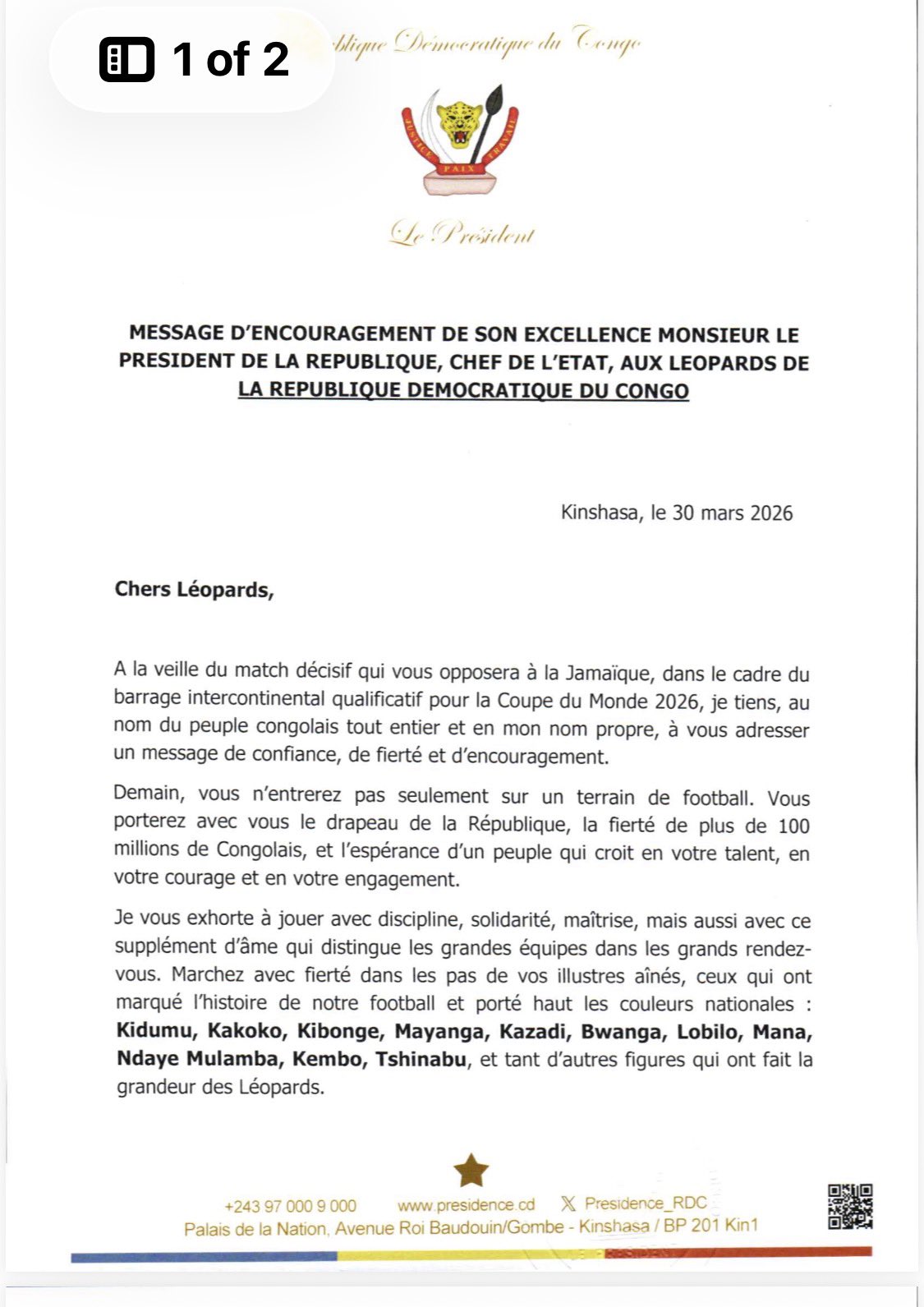 Barrages Mondial 2026 : Tshisekedi galvanise les Léopards pour une qualification historique