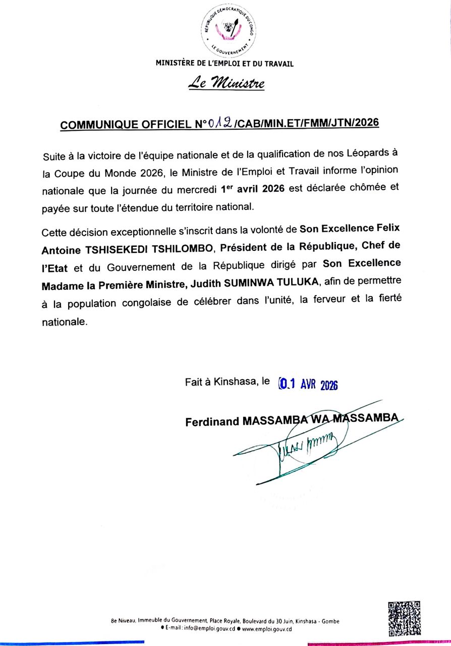 RDC : le 1er avril 2026 déclaré jour chômé et payé après la qualification des Léopards