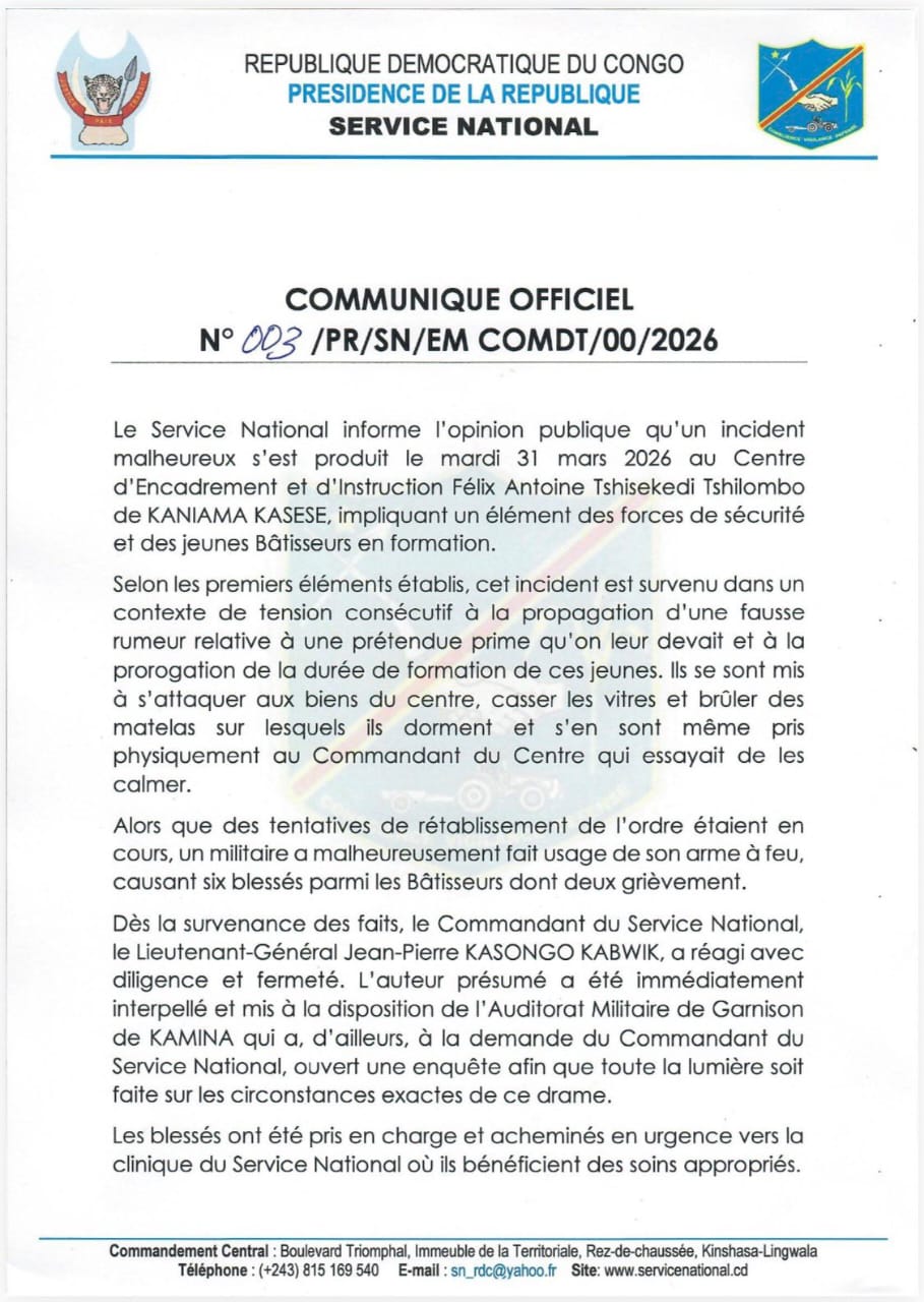 Kaniama Kasese : tirs au centre d’instruction, six blessés et une enquête ouverte